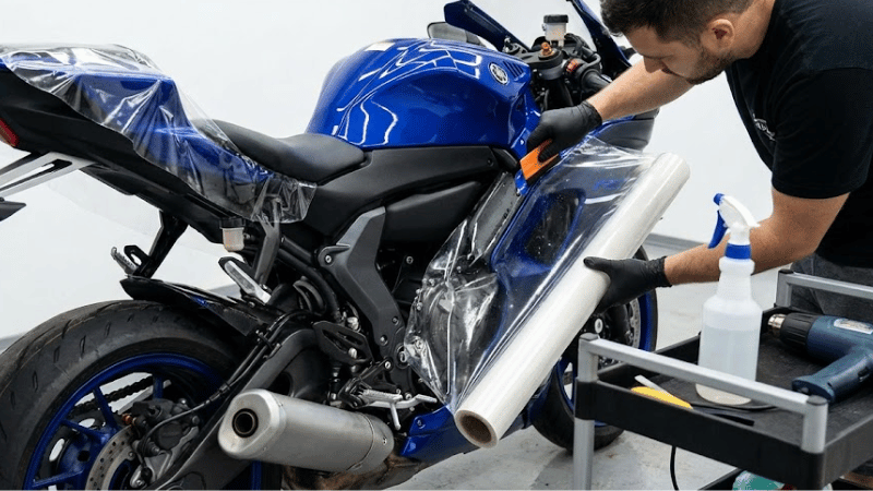 A man is wrapping ppf on side panels and tail sections of the motorcycle.