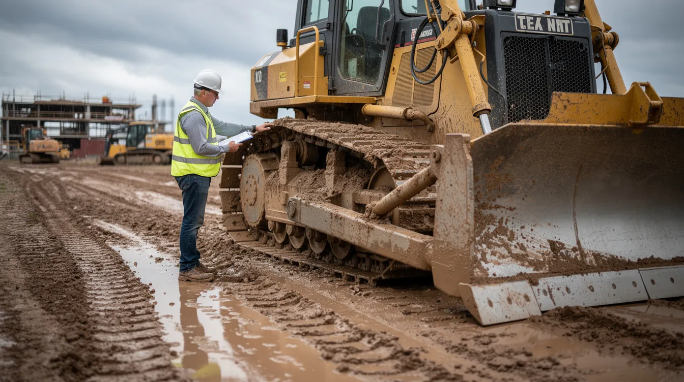 A person wearing a hard hat is inspecting a yellow bulldozer on a muddy construction site, ensuring the heavy equipment is ready for peak performance and routine maintenance. The scene highlights the importance of safety and reliability in the machinery used for construction work.