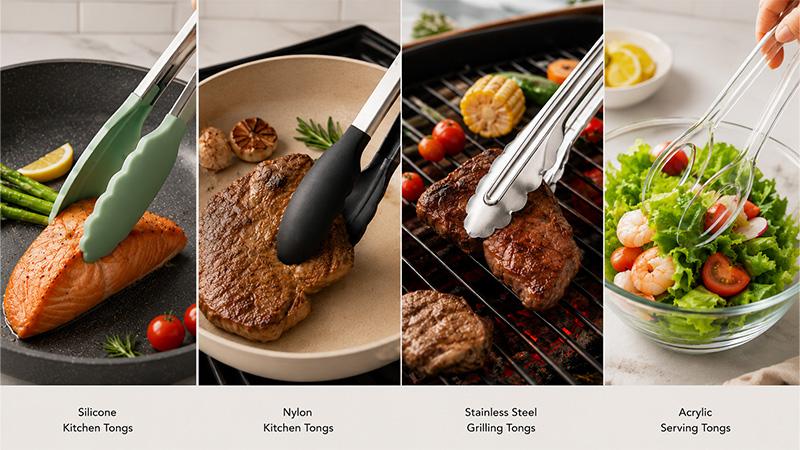 A clean product lineup comparing silicone, nylon, stainless steel, and acrylic tongs for stovetop cooking, grilling, baking, salad service, and buffet use.
