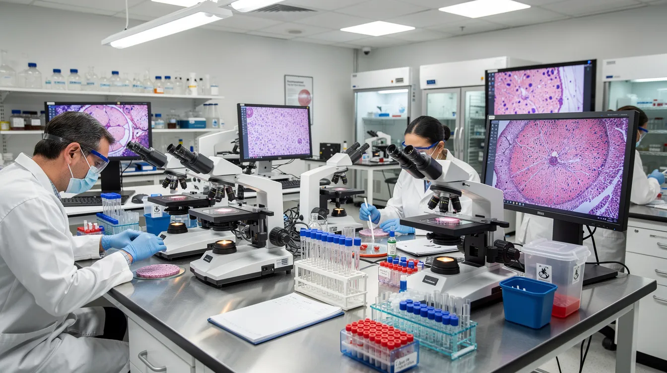 The image depicts a neuroscience laboratory where researchers are examining brain tissue samples under microscopes, focusing on the effects of lithium treatment on cognitive function and brain function. This setting highlights the critical role of such research in understanding cognitive decline, mild cognitive impairment, and potential treatments for conditions like Alzheimer&rsquo;s disease and bipolar disorder.