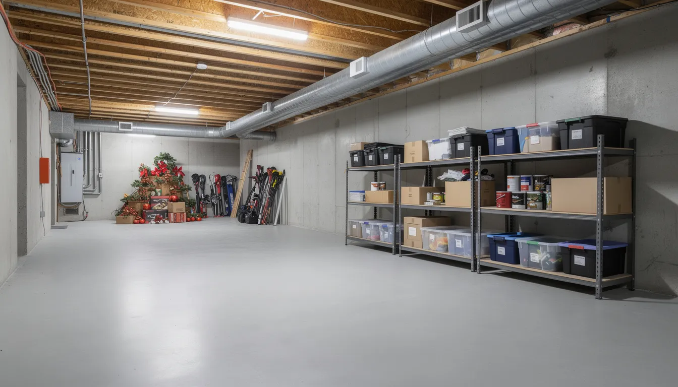 The image depicts a clean and organized unfinished basement featuring a concrete floor, where various items are neatly stored on sturdy metal shelving. The space is free of dust and debris, showcasing a well-maintained environment ideal for efficient storage and easy access to equipment.