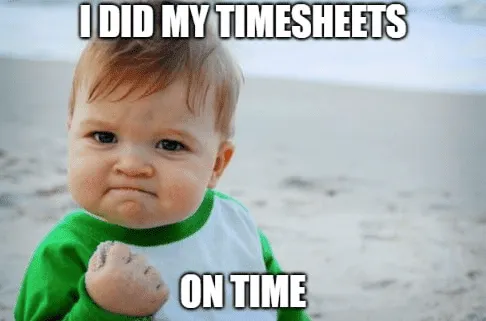 Kid doing fist pump after completing timesheets on time. Funny timesheet meme showing the triumph of submitting before deadline without needing reminders.