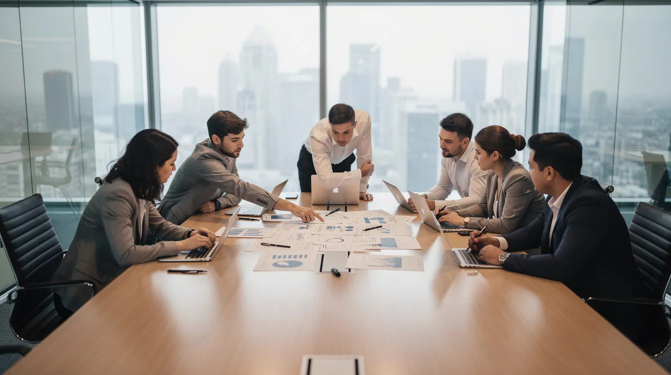In einem modernen Besprechungsraum diskutiert ein Team von Fachleuten angeregt über Dokumente, während sie Strategien zur Nutzung von KI-Tools und den Risiken von Shadow AI erörtern. Diese Diskussion ist entscheidend für die Datensicherheit und Compliance in Unternehmen, um die Herausforderungen und Chancen der Künstlichen Intelligenz im Arbeitsalltag zu bewältigen.