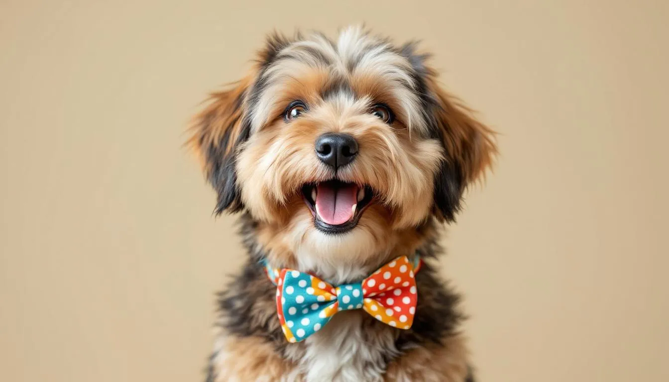 A playful dog wearing a colorful bow tie is captured mid-laugh, exuding joy and charm reminiscent of iconic animated Disney movies. This furry friend embodies the spirit of beloved characters, making it a delightful sight for dog lovers and fans of famous dogs alike.