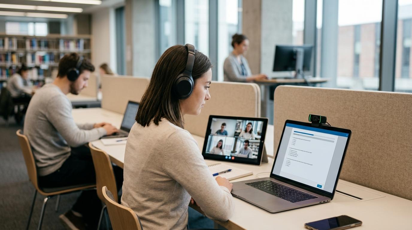 Student taking a secure online exam inside an isolated virtual desktop while another student is monitored remotely through a webcam, modern university setting.