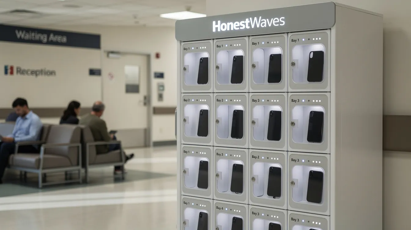The image shows an HonestWaves smart phone charging locker installed in a hospital waiting area, featuring multiple bays for secure storage of personal belongings. This smart locker system offers convenient access for users to charge their devices while waiting, enhancing customer experience and providing a modern solution to traditional lockers.