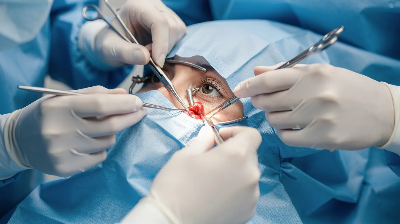 A surgeon's gloved hands are skillfully performing eyelid surgery on a patient, focusing on the lower eyelid area under bright surgical lighting. The procedure involves the use of local anesthesia to ensure the patient experiences minimal discomfort during this delicate operation.