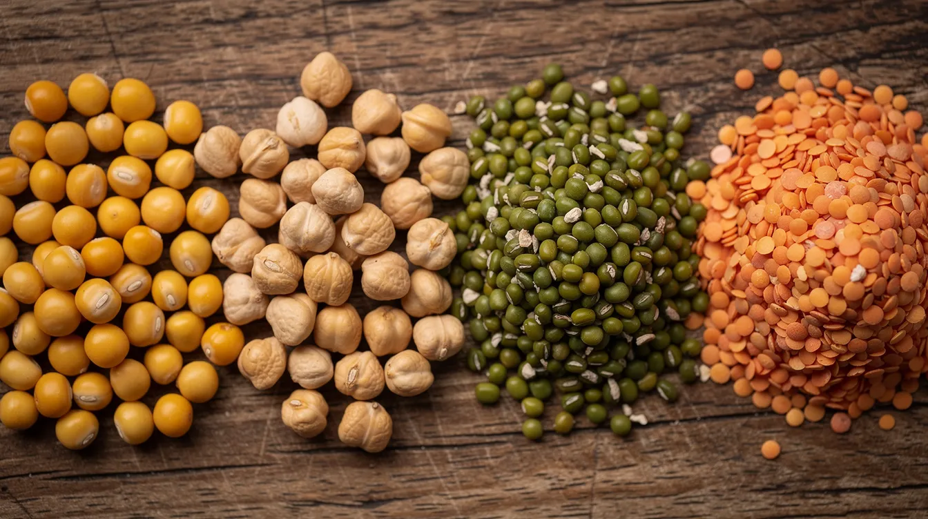 9157f1fc e791 47ad 8a9f c249fffa68a9 A close-up photograph showcases an assortment of dried pulse seeds, including yellow peas, chickpeas, mung beans, and red lentils, beautifully arranged on a wooden surface. These pulse proteins are rich in amino acids and are increasingly recognized for their nutritional properties and potential health benefits in human diets.