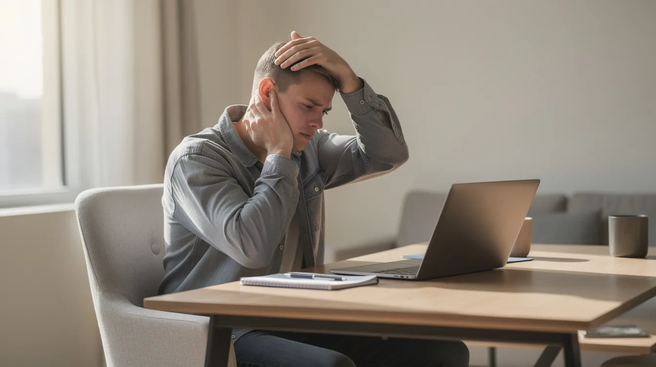 A person is sitting at a desk, rubbing their neck in discomfort while looking at an open laptop, with soft natural light streaming in from a nearby window. This scene captures the struggle with neck pain, often exacerbated by poor posture during prolonged computer use.