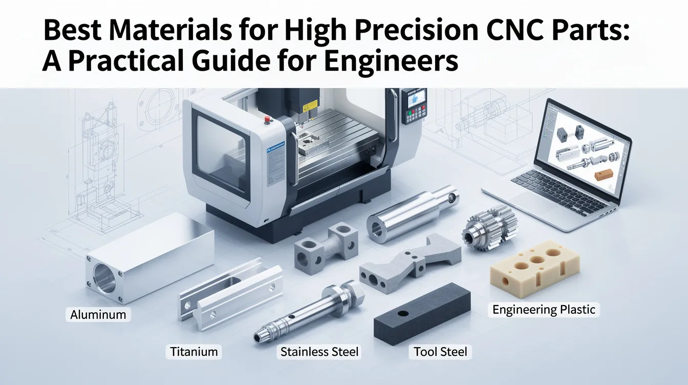 The image showcases a variety of cnc machining materials essential for precision manufacturing, including stainless steel, aluminum alloys, and advanced plastics. It highlights their properties such as corrosion resistance, thermal conductivity, and wear resistance, making them ideal for precision cnc machining projects in various industrial applications.