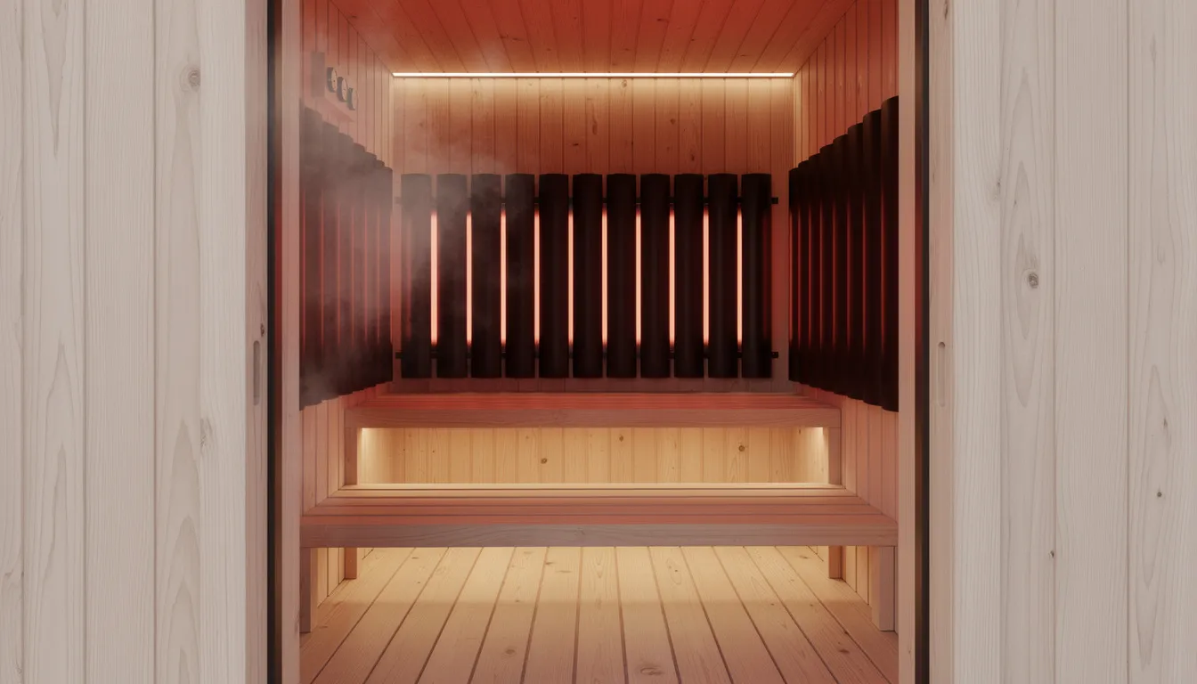 The image depicts the interior of a far infrared sauna, featuring carbon panel heaters mounted along the wooden walls and comfortable wooden benches. This setup is designed to provide infrared heat, promoting health benefits such as enhanced blood circulation and muscle recovery during sauna sessions.