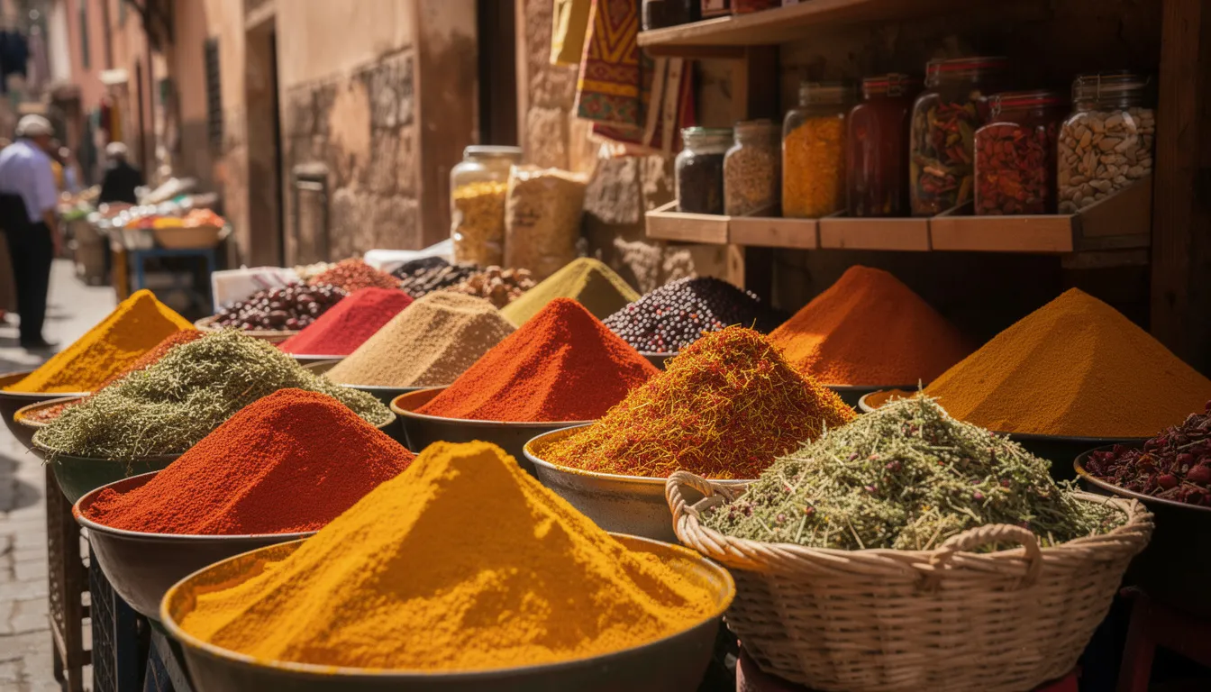 The image showcases vibrant Moroccan spices arranged in colorful displays at traditional souk stalls, reflecting the rich Moroccan culture. This bustling scene captures the essence of Marrakech, inviting visitors to explore the local cuisine and vibrant market life.