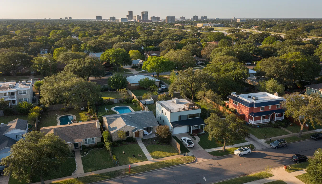 An aerial view showcases a residential neighborhood in Austin, featuring a variety of home styles surrounded by mature trees. This peaceful community could be vulnerable to storm damage, highlighting the importance of storm damage restoration services to address any potential issues like fallen trees or roof damage.