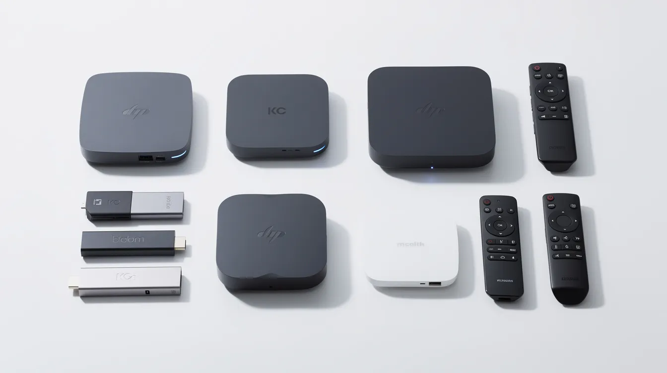 The image features a variety of streaming devices and set-top boxes, including an Android TV box, Apple TV, and Amazon Firestick, all neatly arranged on a white surface. This collection highlights options for accessing IPTV services, enabling users to watch live TV and on-demand content with reliable streaming quality.