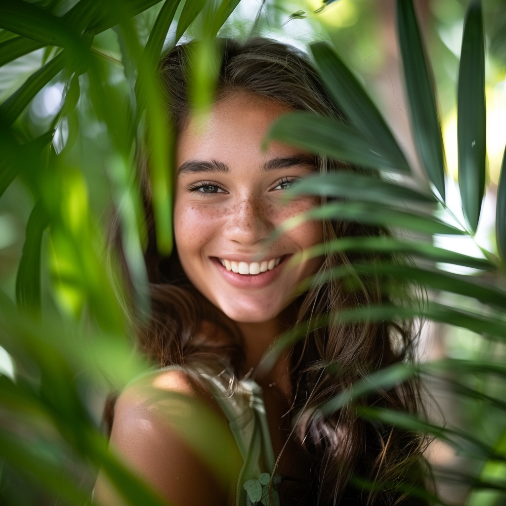 Smiling girl among tropical leaves.