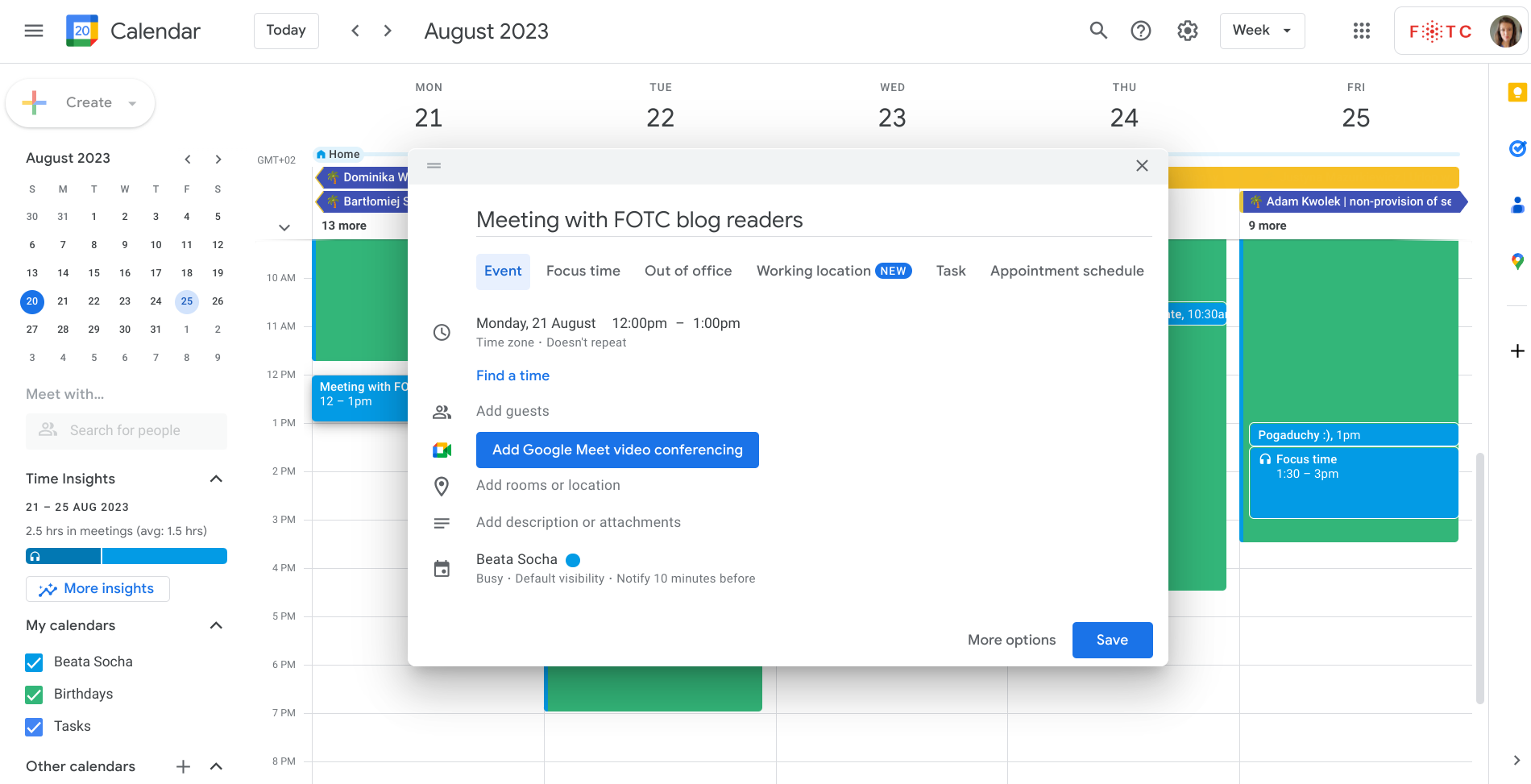Generating a meeting in Calendar