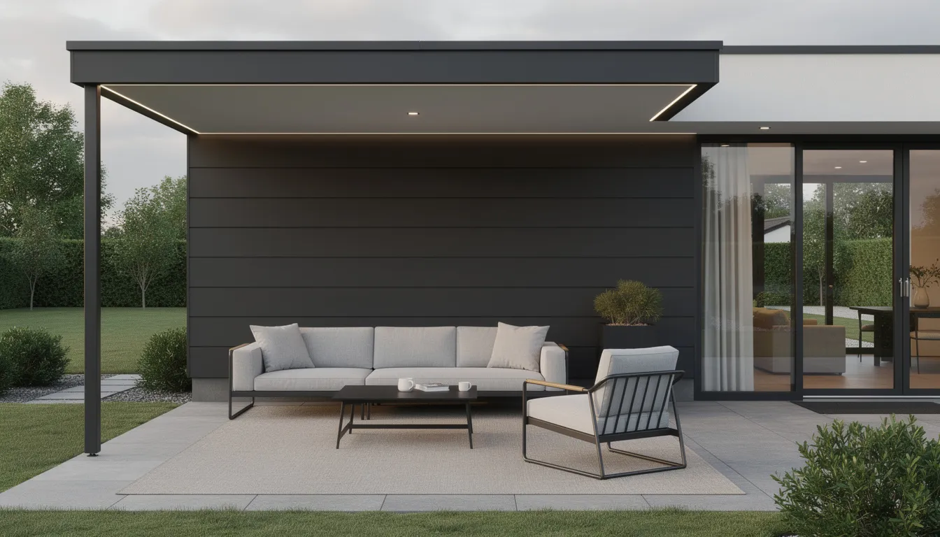 Een moderne overkapping is voorzien van strakke wandbekleding overkapping in antraciet, die een stijlvolle uitstraling geeft aan de buitenruimte. Het loungemeubilair nodigt uit tot ontspanning, terwijl de hoogwaardige wandbekleding overkapping bestand is tegen slechte weersomstandigheden en zorgt voor een lange levensduur.