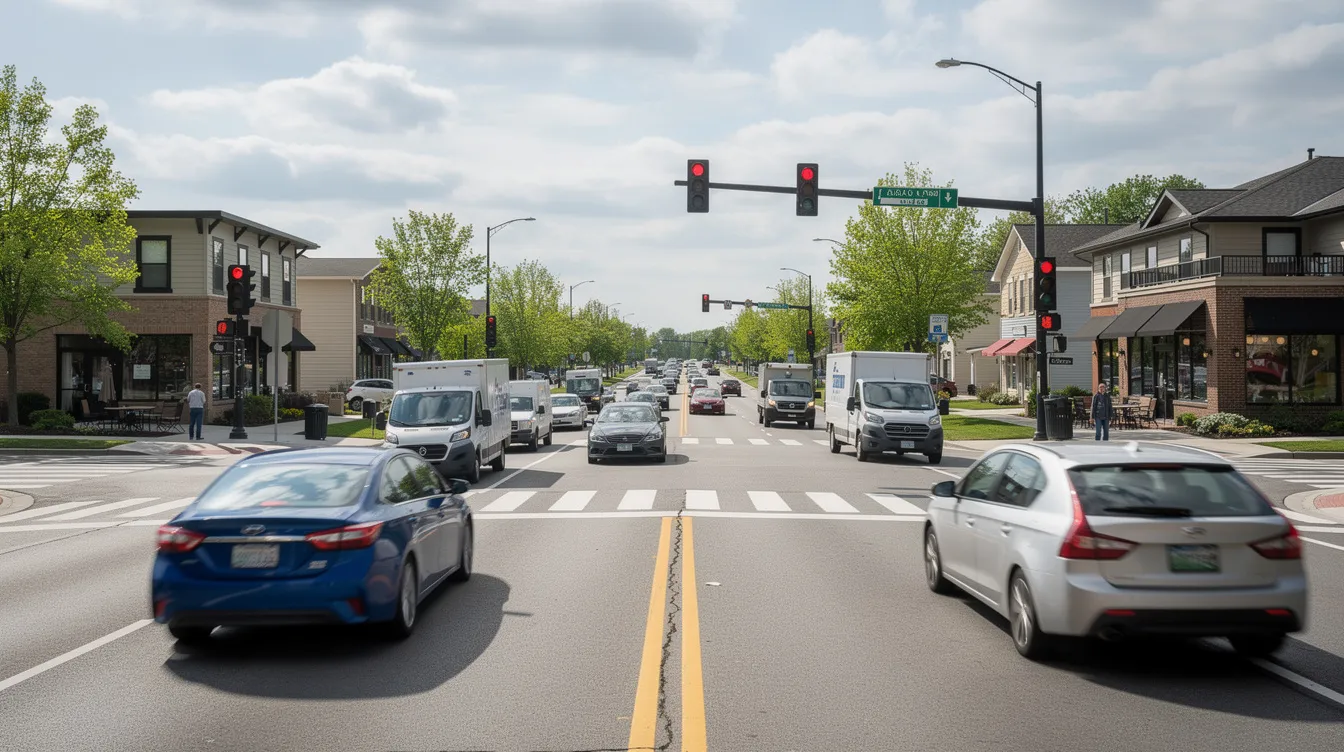 The image depicts a busy suburban intersection filled with delivery vans and passenger cars waiting at a traffic light, highlighting the potential for car accidents in Conroe, TX. This scene serves as a reminder of the importance of legal representation for car accident victims seeking fair compensation for their injuries and damages.