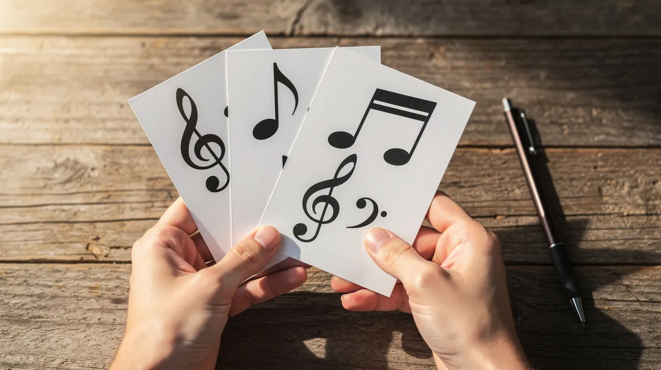 Zwei Hände halten Karteikarten mit musikalischen Notensymbolen über einem Holztisch, auf dem ein Stift liegt. Die Karten könnten hilfreiche Informationen zum Notenlesen und zur Musiktheorie für Anfänger enthalten.