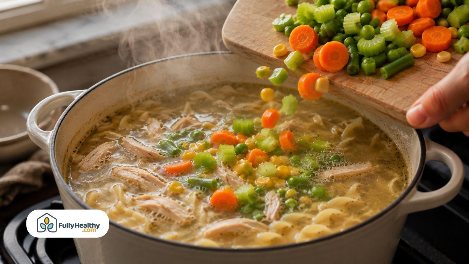Fresh vegetables added to homemade chicken noodle soup while cooking.