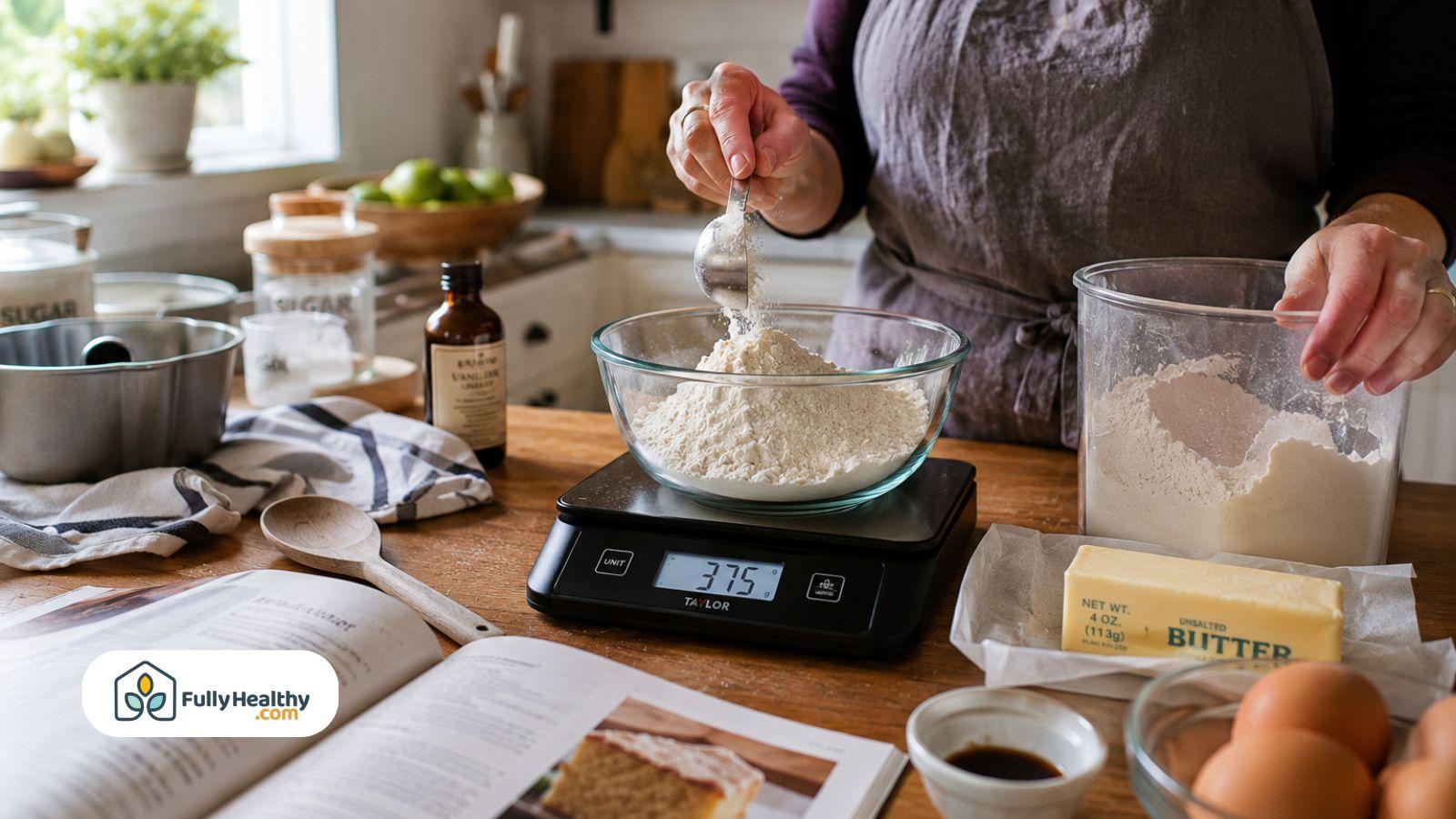 Baker weighing flour on digital scale for accurate baking