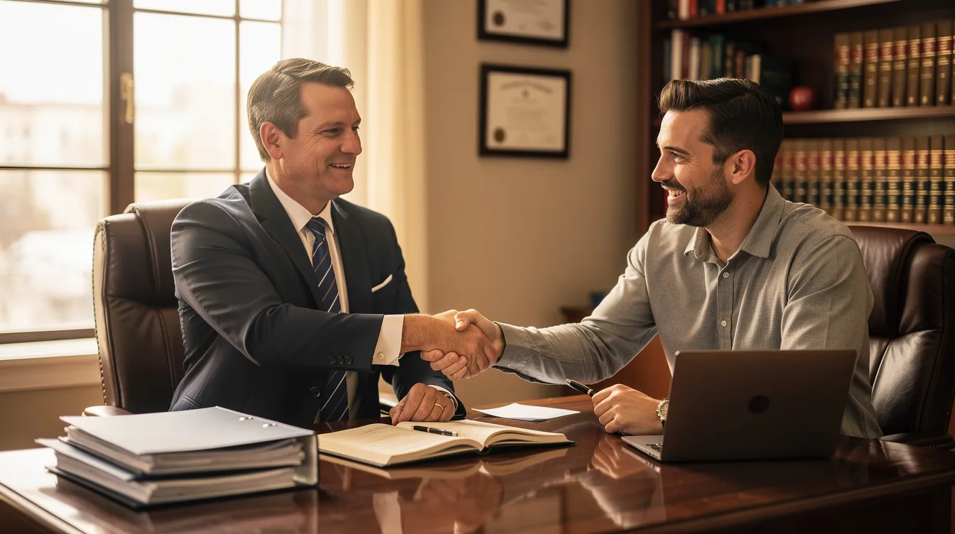 In an office setting, Attorney Ted Coenen is shaking hands with a satisfied client, symbolizing the successful conclusion of a social security disability claim. The atmosphere conveys a sense of relief and accomplishment, highlighting the importance of legal representation in obtaining social security disability benefits.