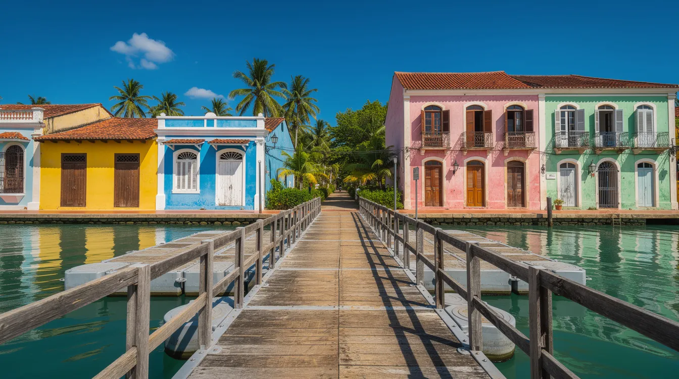 A imagem mostra uma ponte flutuante, conhecida como Ponte Queen Emma, sobre um canal, com a cidade colonial colorida de Willemstad ao fundo, sob um céu azul tropical. Essa cena captura a essência do Caribe, destacando as vibrantes fachadas das casas e a tranquilidade das águas azuis turquesa que cercam a ilha de Curaçao.