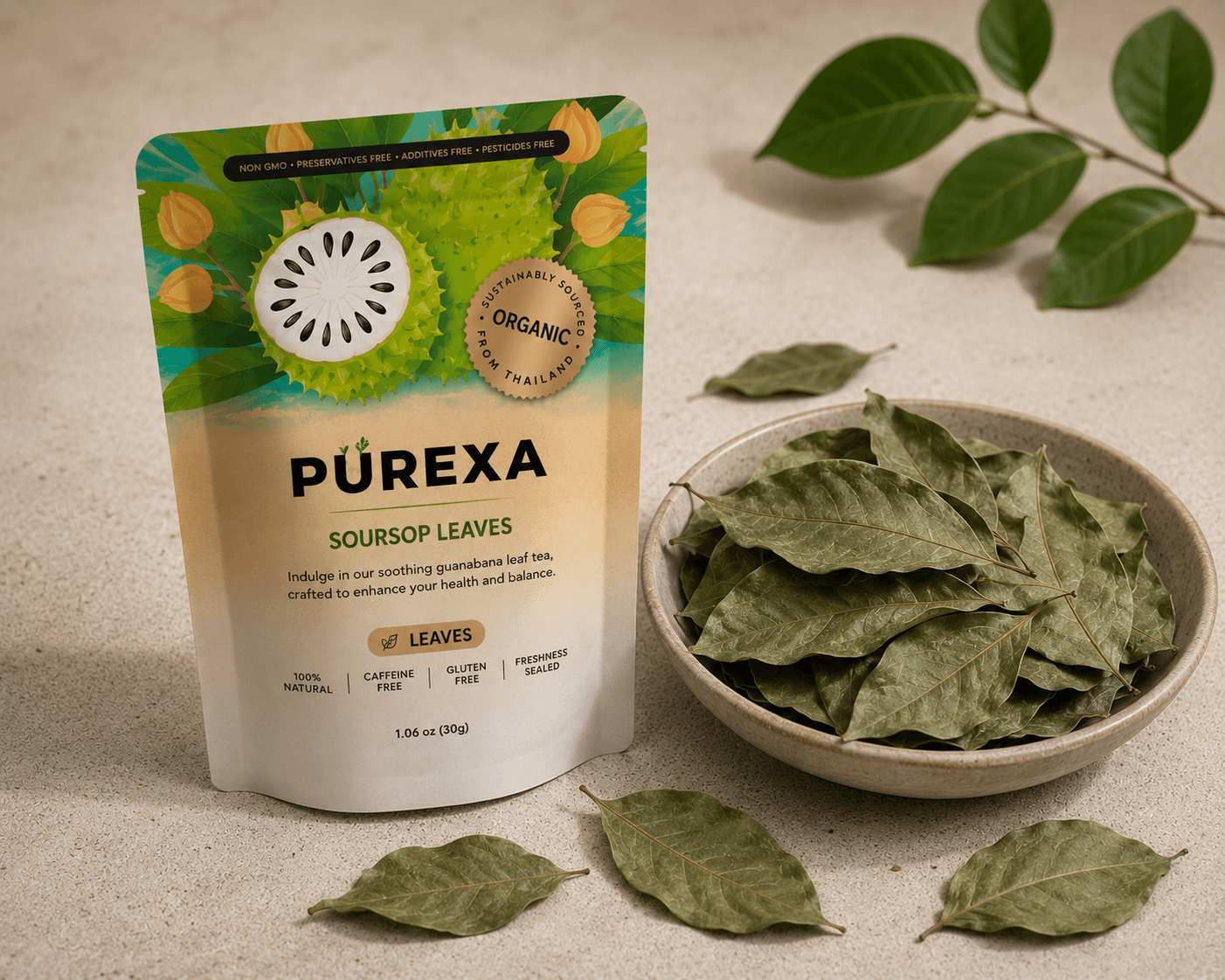 A stand-up product pouch of PUREXA Soursop Leaves arranged on a light beige concrete counter next to a ceramic bowl filled with clean, premium, shade-dried whole soursop leaves with natural matte green textures.
