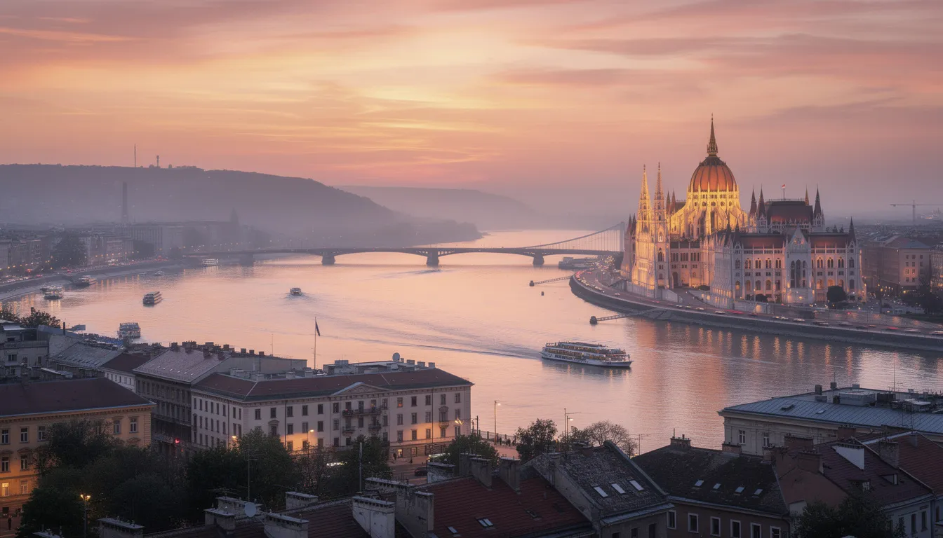 Une vue panoramique de Budapest au coucher du soleil, mettant en valeur le majestueux Parlement hongrois bordant le Danube, symbole de l'histoire et de la culture de la Hongrie. Cette image évoque la beauté de la ville, une destination prisée pour les étudiants internationaux souhaitant étudier en Hongrie.
