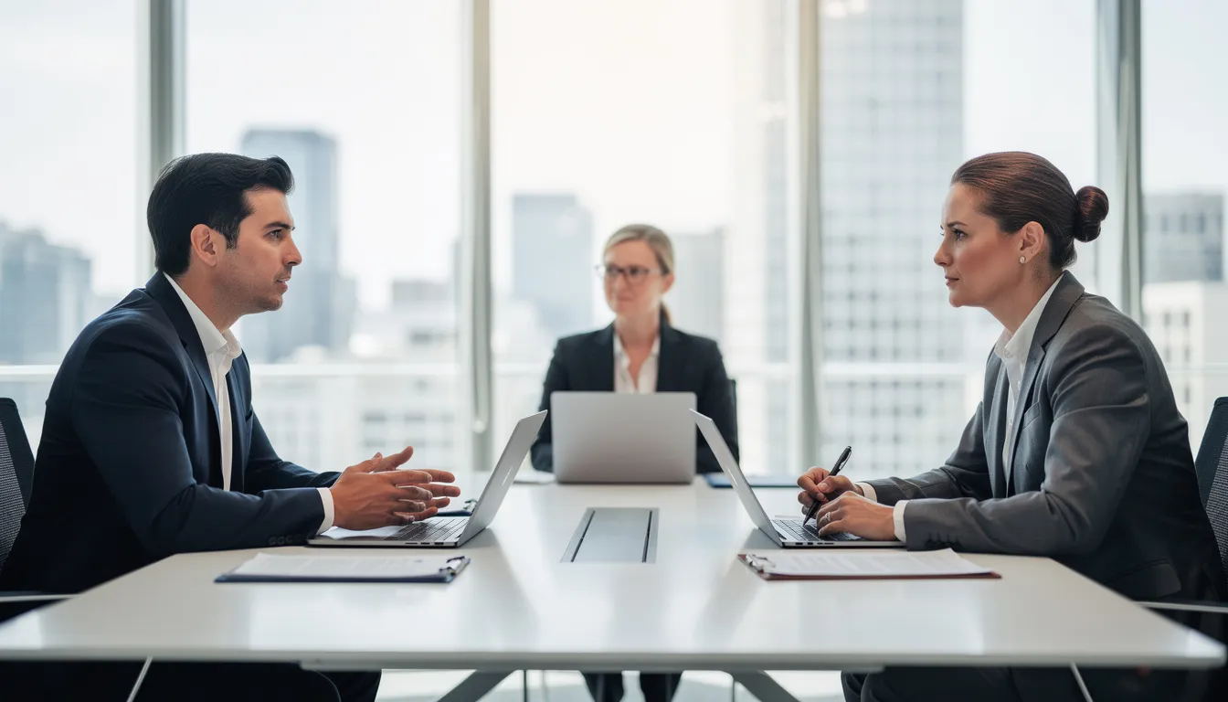 The image depicts two business professionals engaged in a mediation meeting, discussing corporate and commercial matters, possibly involving commercial contracts or disputes. Their focused expressions reflect the importance of legal expertise in navigating UAE's commercial companies law and ensuring compliance with local regulations.