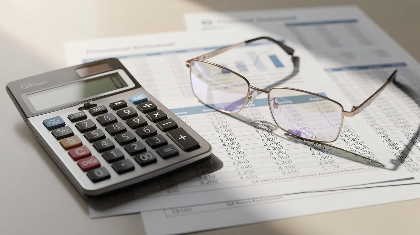The image shows a calculator and reading glasses placed on top of financial statements, symbolizing the importance of careful financial planning and management for retirement savings. This setup highlights the need to evaluate retirement goals and investment options, such as individual retirement accounts and mutual funds, to ensure a secure financial future.