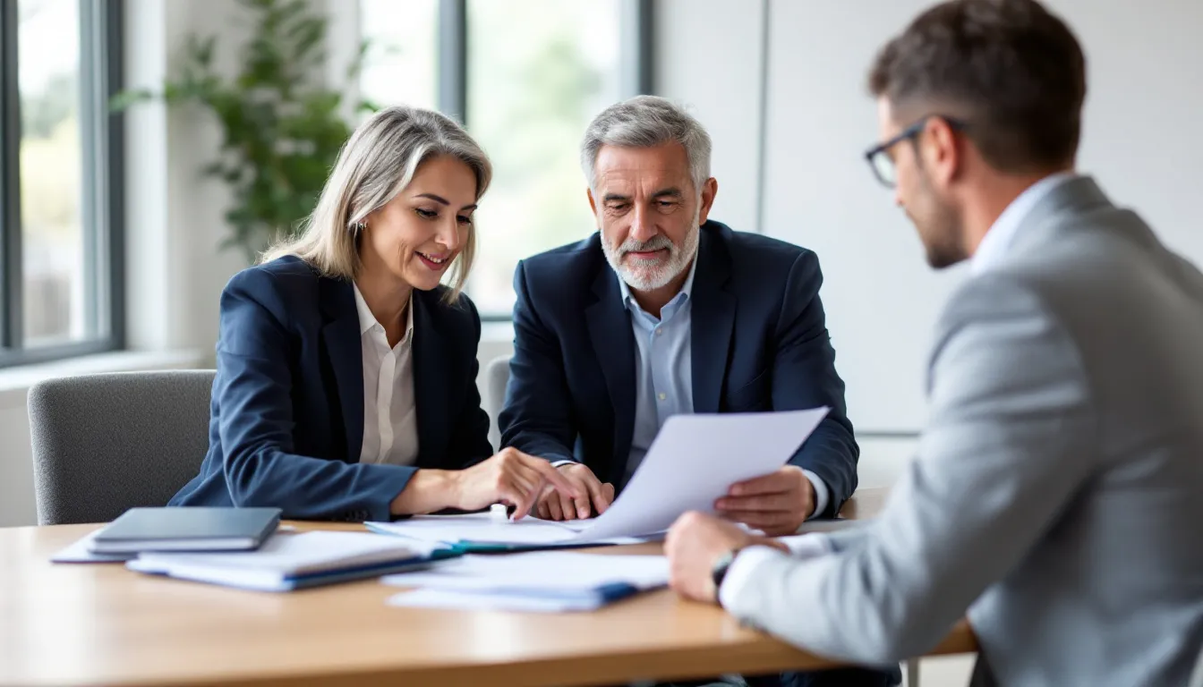 A professional couple is seated at a table, reviewing retirement documents during a financial planning meeting, which includes details about their Florida retirement system and pension plans. They appear engaged in discussion, likely focusing on their service history and contributions to the FRS pension plan.