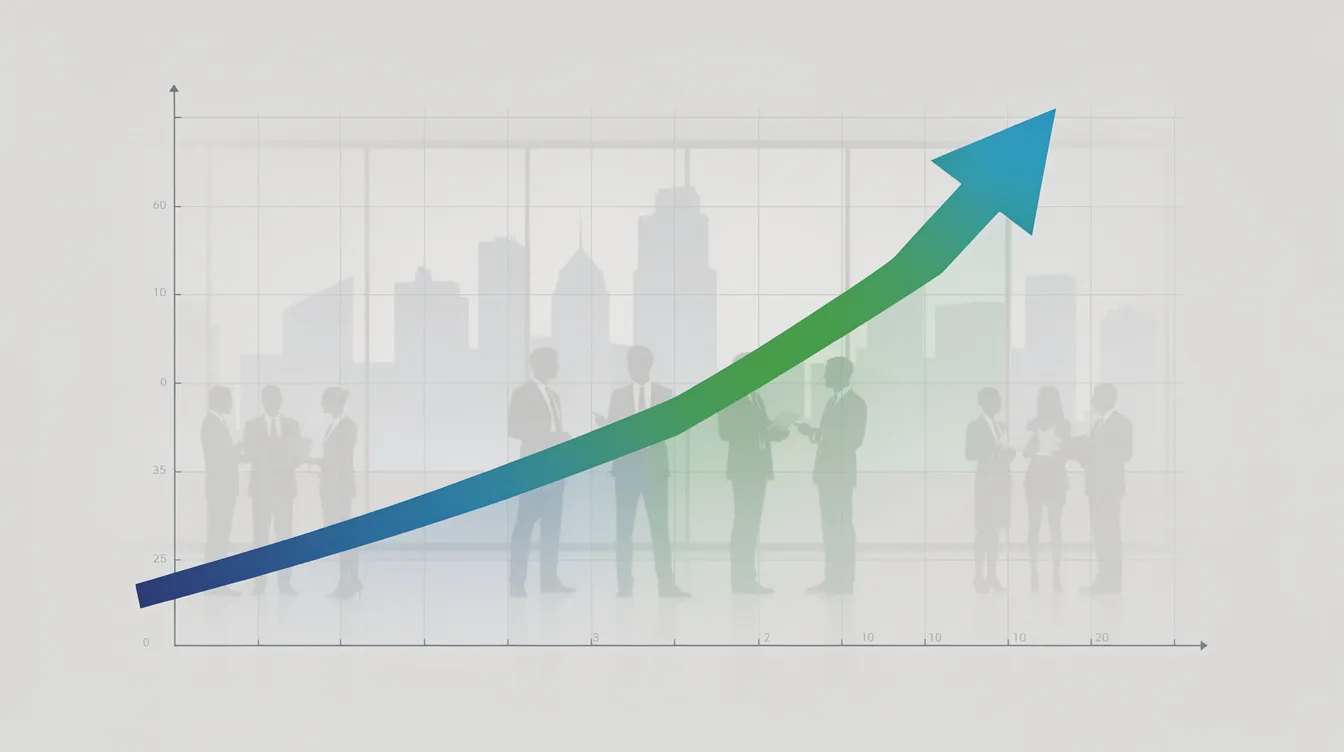 Un graphique abstrait illustre une courbe de croissance ascendante, symbolisant l'augmentation du chiffre d'affaires, tandis que des professionnels en arrière-plan évoquent un environnement dynamique de management et de performance commerciale. Cette image met en lumière l'importance du développement des compétences et de la stratégie pour atteindre les objectifs des équipes commerciales.