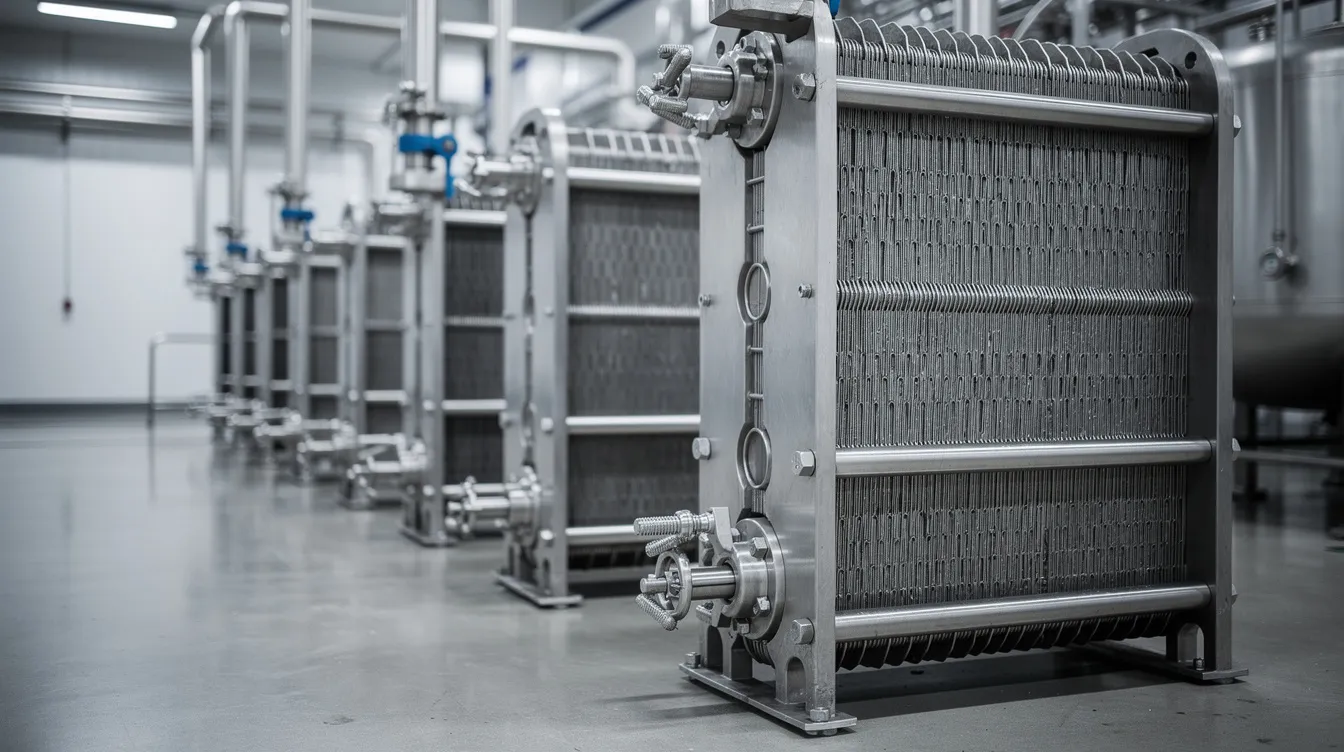 916b5b44 3fba 40f7 baa4 2fe9a6f3cd91 The image shows a close-up view of stainless steel plate heat exchangers used in a food processing facility, highlighting the intricate design essential for ultra high temperature (UHT) milk processing. These heat exchangers play a crucial role in maintaining the quality and safety of pasteurized milk by enabling efficient heat treatment and cooling processes within a sterile atmosphere.