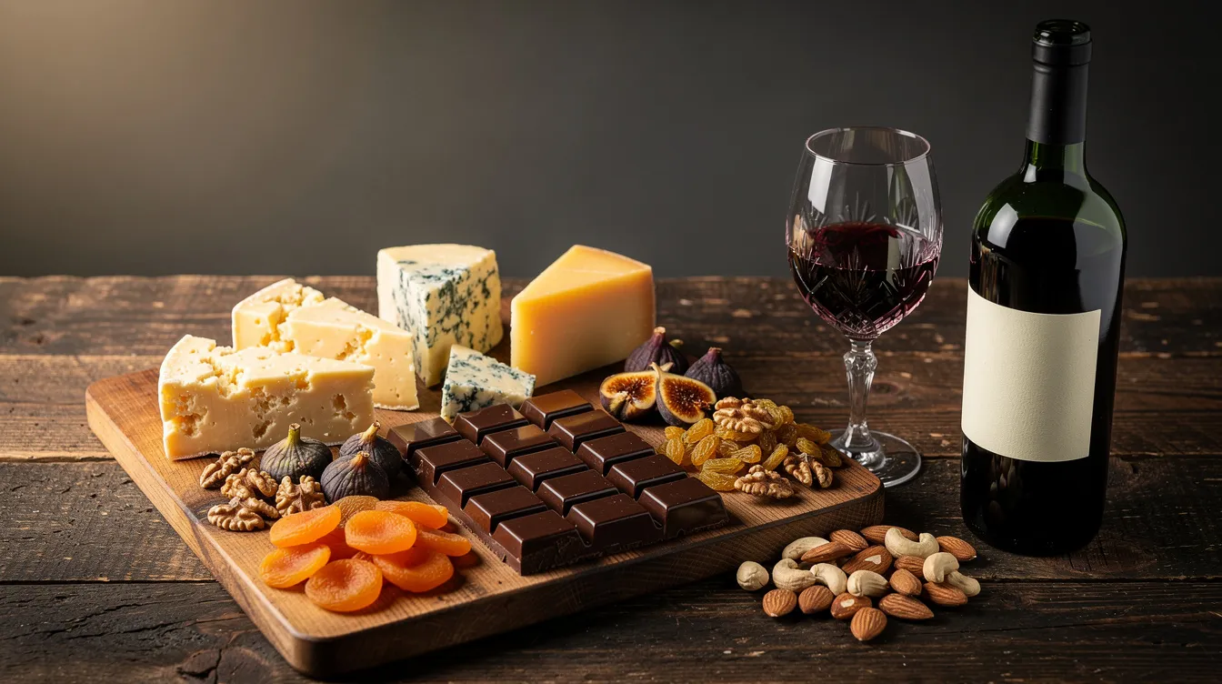 A beautifully arranged cheese board features a variety of aged cheeses, dark chocolate squares, dried fruits, and nuts, all set beside a bottle of red wine, perfect for a delightful wine pairing with rich and savory flavors. The combination of flavors makes this spread ideal for enjoying with a full-bodied zinfandel or a bold cabernet sauvignon.