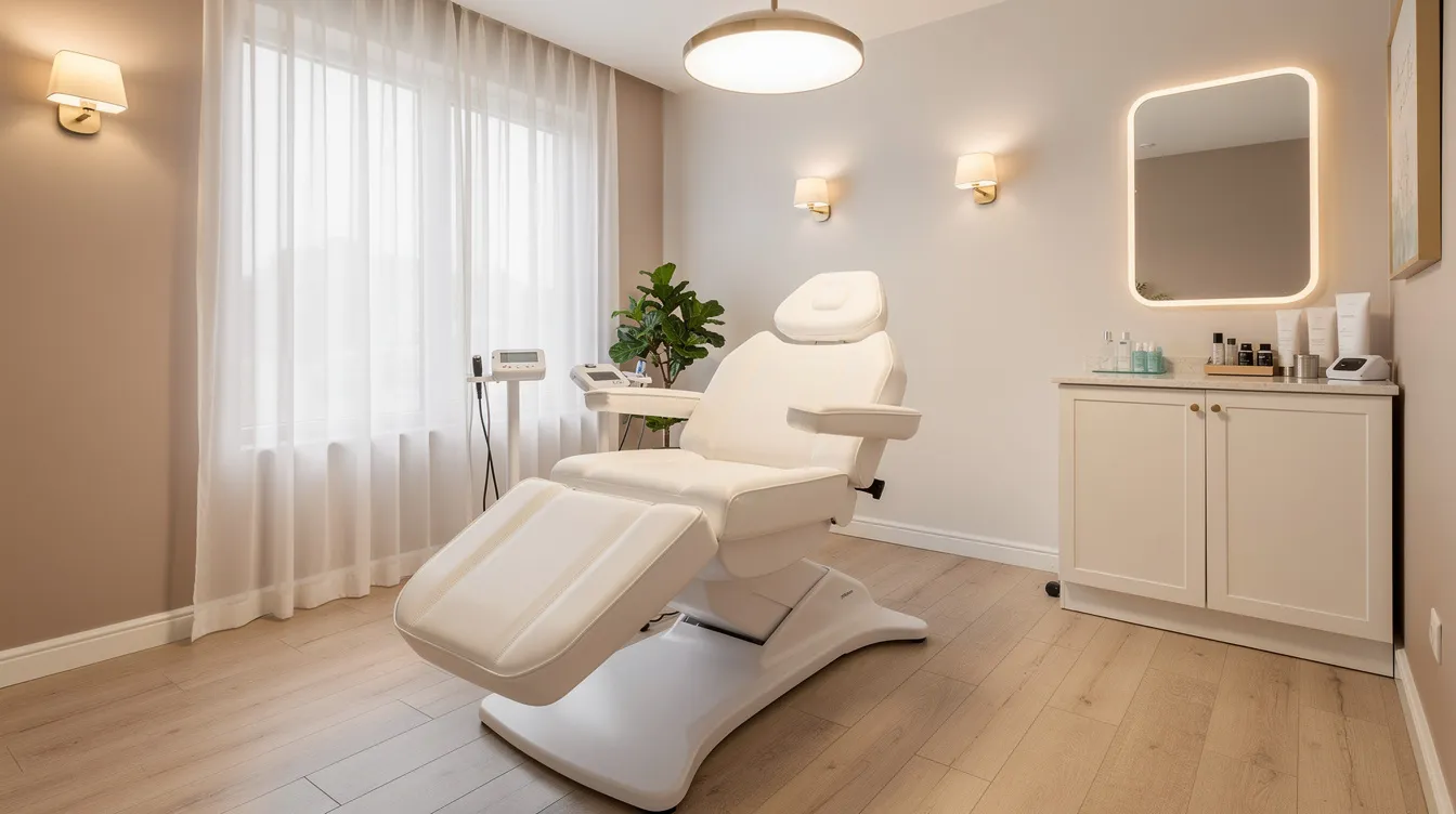 The image depicts a welcoming aesthetic clinic consultation room featuring a comfortable treatment chair and soft, calming lighting, creating a serene atmosphere for clients seeking cellulite reduction treatments. This inviting space is designed for professional consultations on various cellulite treatment options, including laser treatments and acoustic wave therapy, aimed at improving skin texture and reducing the appearance of cellulite.
