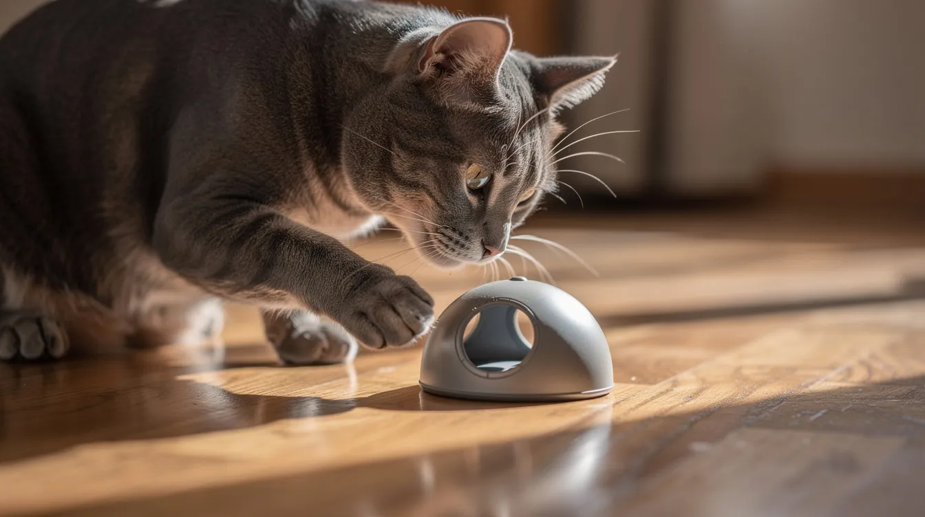 A curious cat is sniffing a dome-shaped cat toy on a hardwood floor, with one paw reaching toward an opening where a little mouse might be hidden. This engaging toy is designed to entertain active cats and keep them engaged during playtime.
