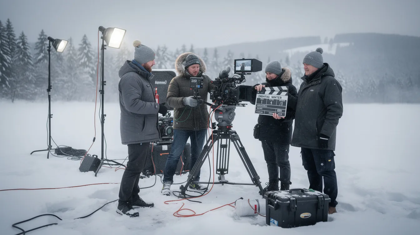 Das Bild zeigt ein Filmset mit Crew-Mitgliedern, die in dicken Jacken in einer verschneiten Landschaft stehen, umgeben von Kameraausrüstung. Diese Winterdreharbeiten erinnern an die Atmosphäre der Serie "Fargo", die von den Coen-Brüdern kreiert wurde.