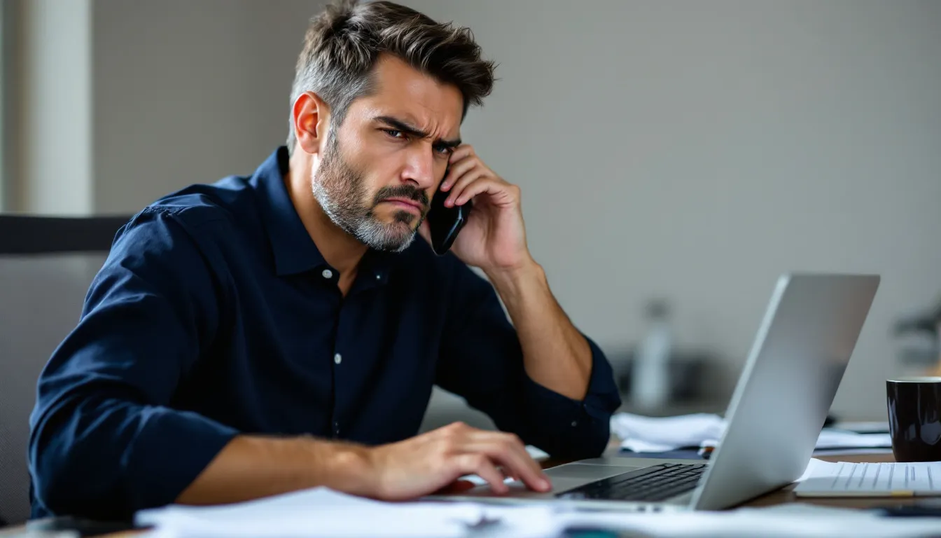 A frustrated person is on the phone, attempting to resolve billing questions with customer service, possibly trying to contact Verizon for assistance with their account. The expression on their face indicates they are struggling to connect with a real person to help fix their issues.