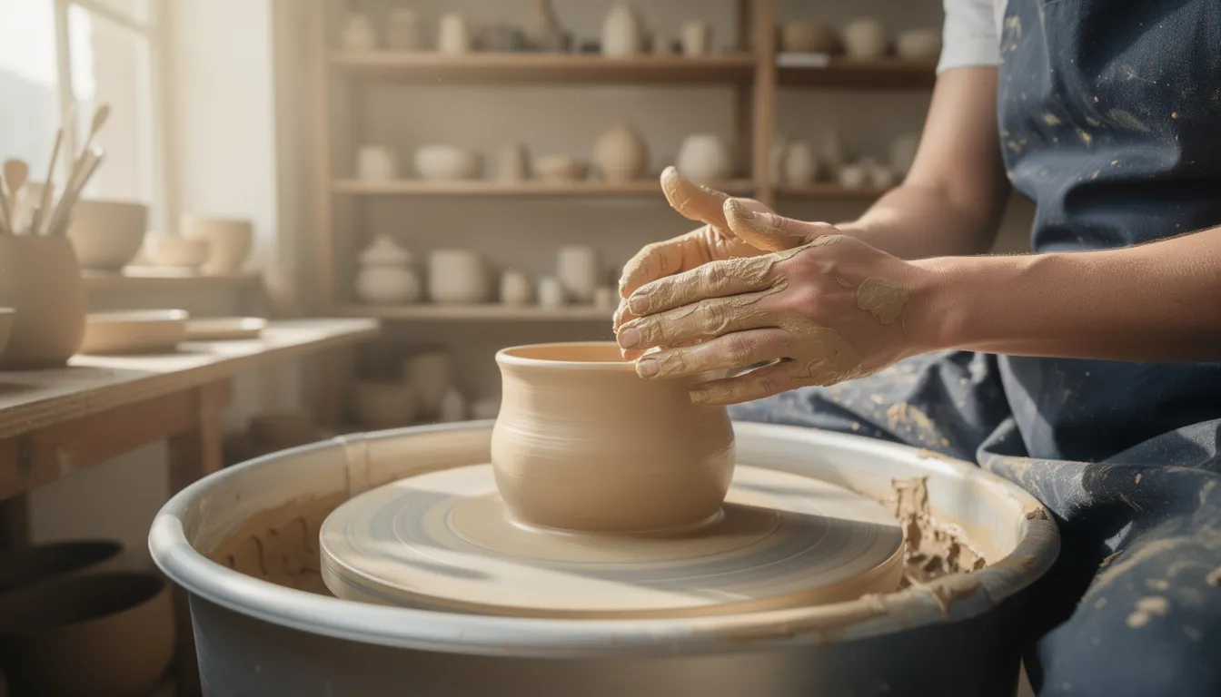 A person with clay-covered hands is focused on shaping a piece of pottery at a wheel in a bright studio, embodying the growth mindset essential for overcoming fear of failure. The vibrant environment reflects a space for creativity and self-compassion, encouraging the acceptance of mistakes as part of the artistic process.