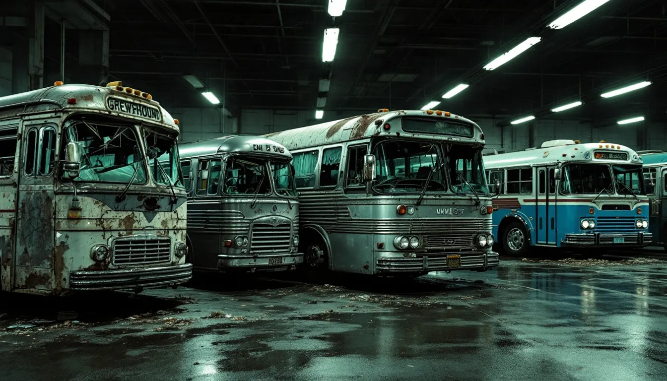 Various types of buses parked at a bus terminal, representing different types of bus accidents.