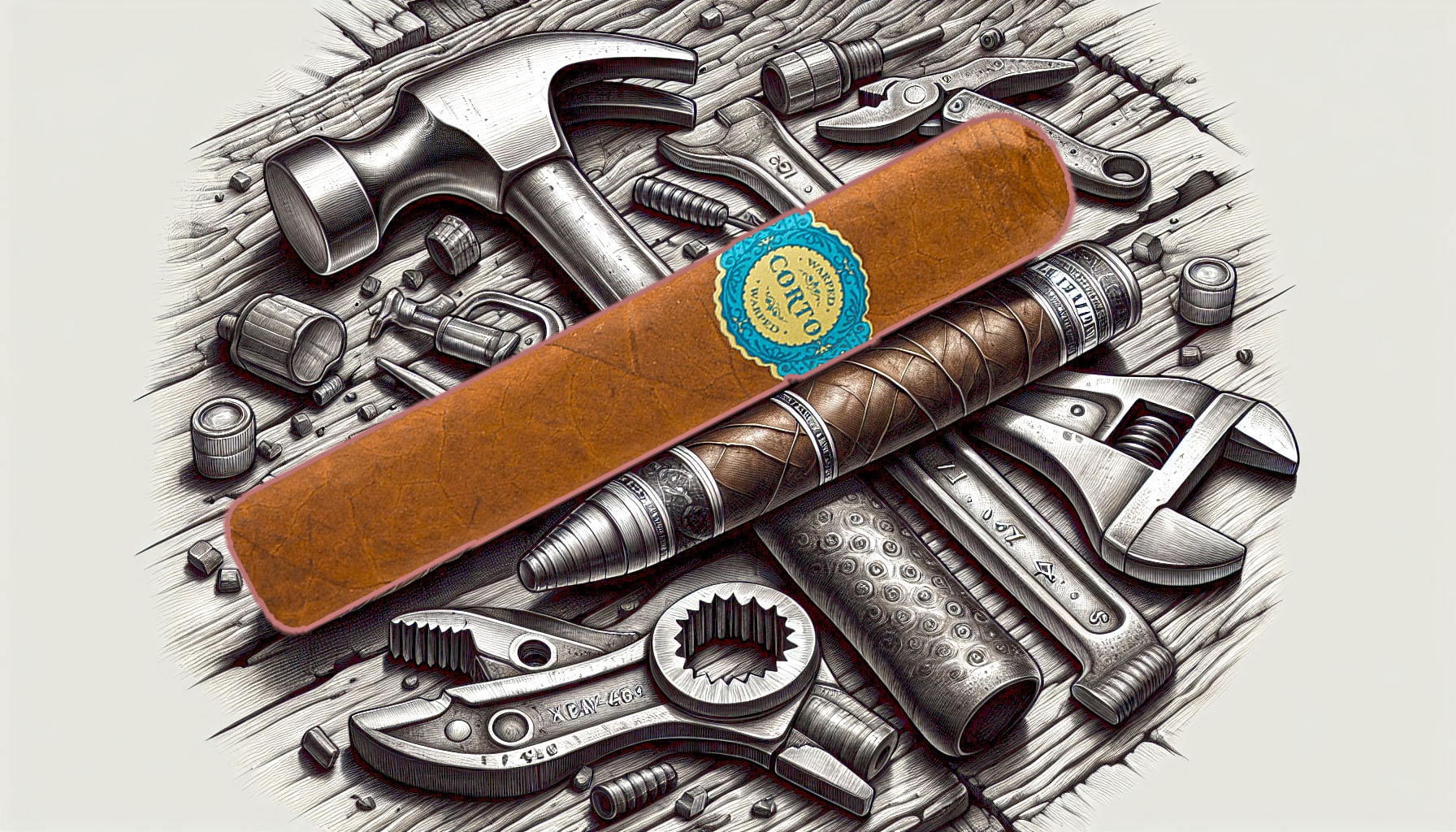 A drawing of a Warped Corto x46 cigar with elements representing heavy-duty use.