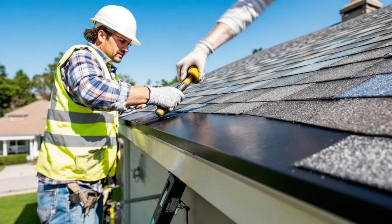 Installing ridge caps on a roof.