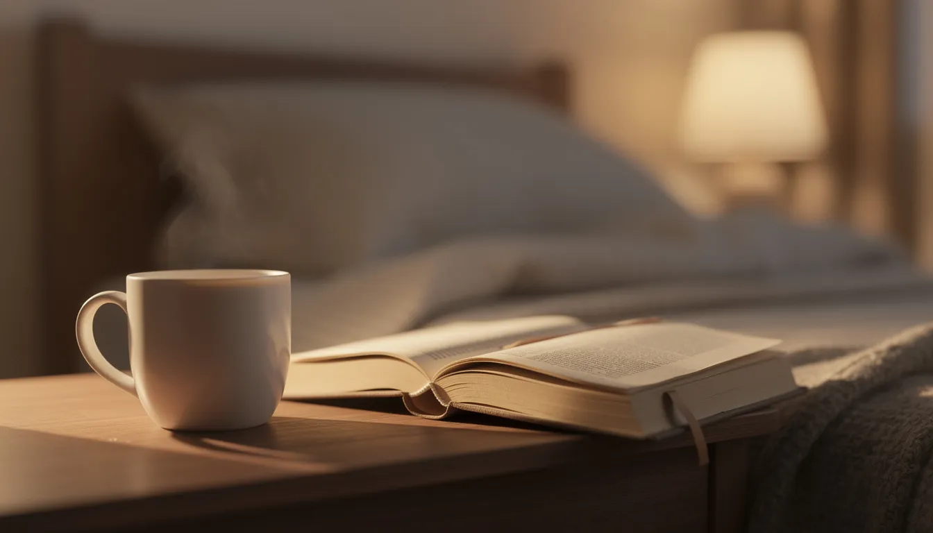 A cozy bedside scene features a cup of herbal tea beside a book, illuminated by warm evening lighting, creating a tranquil environment ideal for relaxation and promoting better sleep. This calming atmosphere may help those experiencing sleep disorders or trouble falling asleep to unwind and improve their sleep quality.