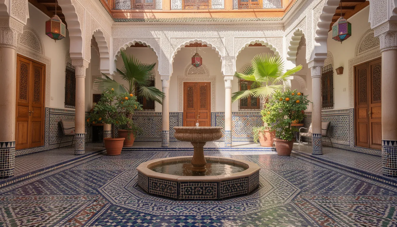 The image depicts a traditional Moroccan riad courtyard featuring intricate decorative tiles and a central fountain, creating a serene and inviting atmosphere. This picturesque setting reflects the rich cultural heritage of Morocco, where the local currency, the Moroccan dirham, is commonly used for transactions in tourist areas and markets.