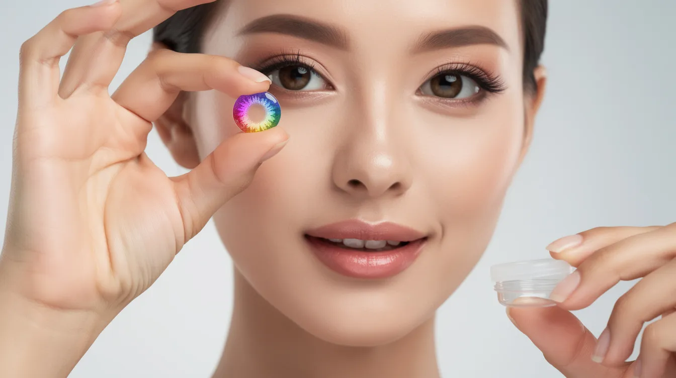 Uma pessoa está segurando lentes de contato coloridas próximas ao rosto em um ambiente bem iluminado, destacando as diferentes cores e opções disponíveis para realçar a visão. O foco está nas lentes, que podem ser usadas para mudar a aparência dos olhos de maneira estilosa.