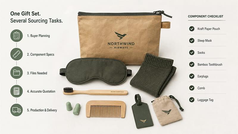 TOMAS Crafts sourcing example showing an airline amenity kit with kraft paper pouch, sleep mask, socks, toothbrush, comb, earplugs, and luggage tag