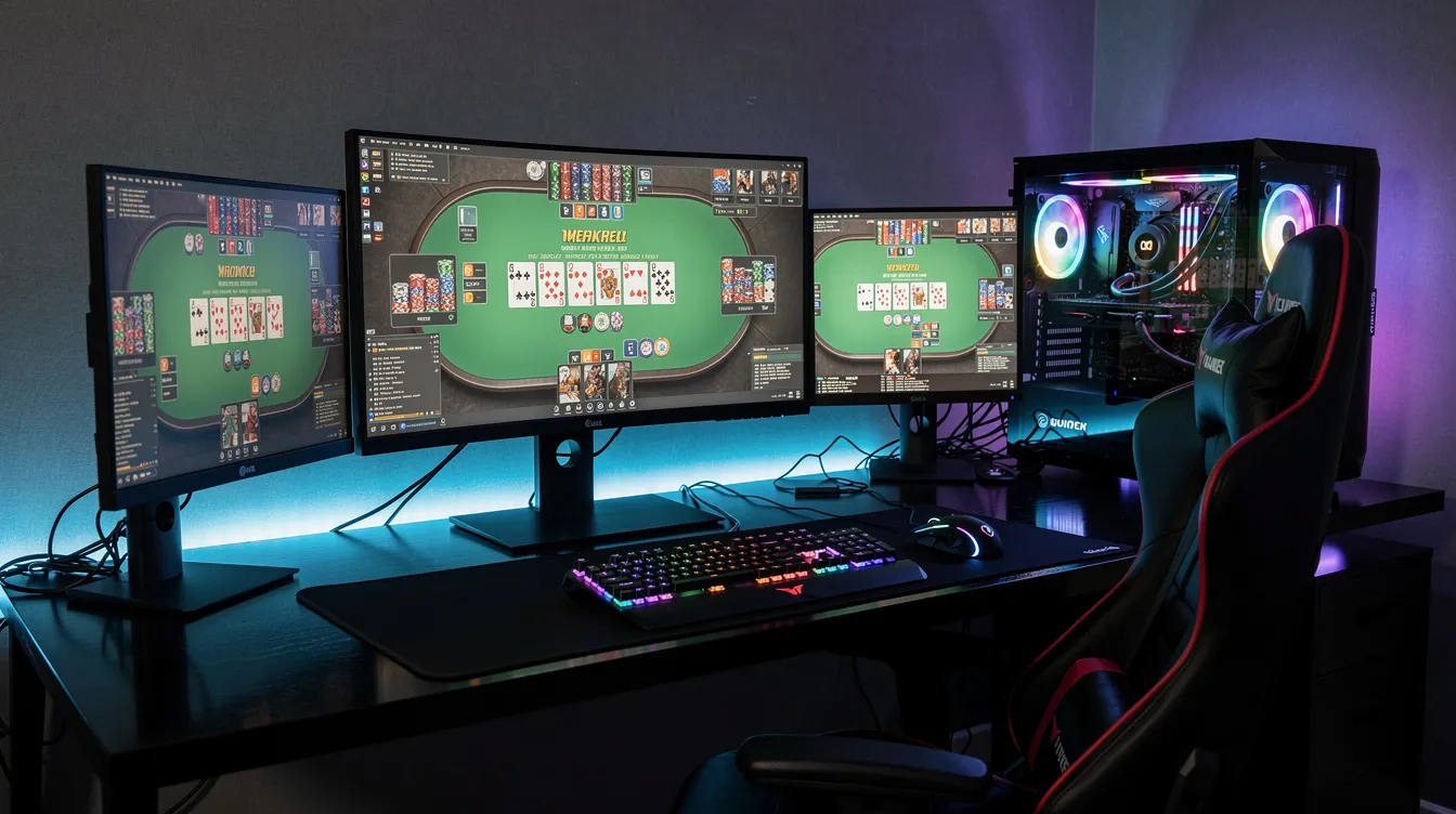 The image showcases a high-end gaming computer setup featuring multiple monitors, each displaying various poker tables and a sophisticated poker HUD software interface. This professional setup is designed for online poker players, highlighting advanced reporting systems and dynamic HUD features that assist in decision analysis and tracking player statistics.