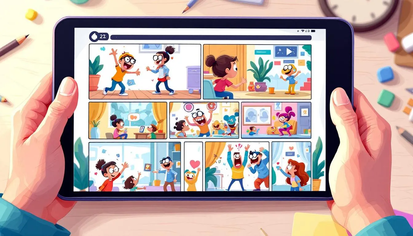 Un storyboard illustré pour un projet d'animation 2D sur une tablette.