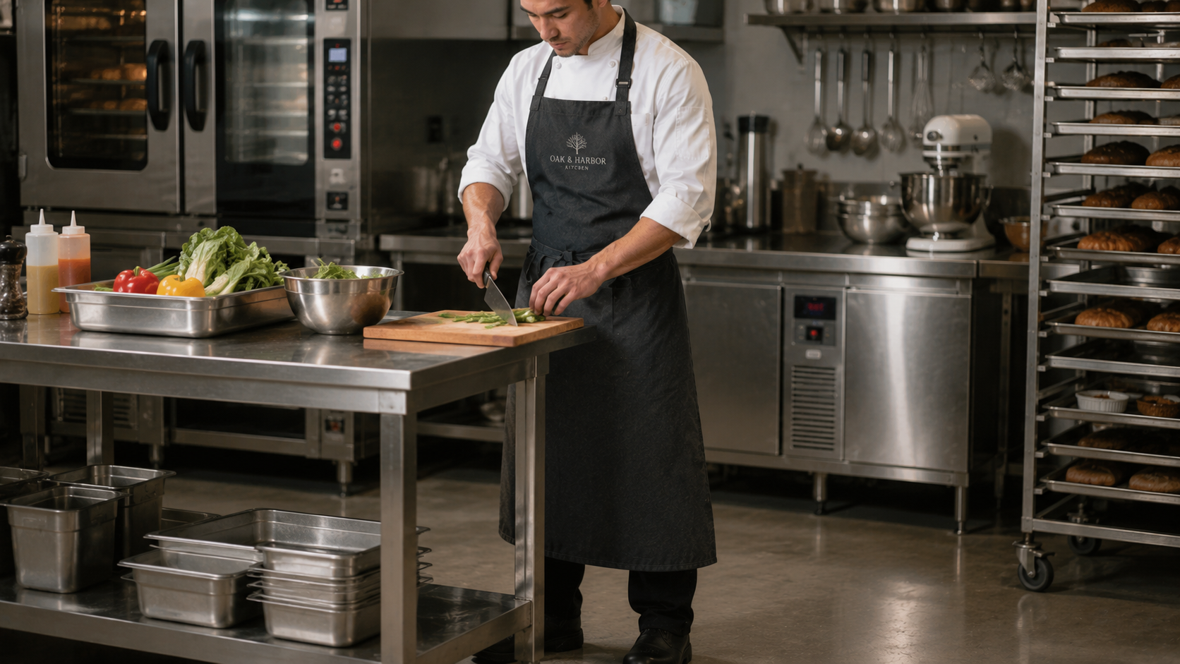 Chef wearing a full-length apron for extra front and lower-body coverage in a commercial kitchen.